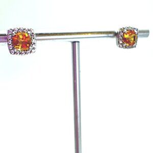 VTG Sterling Silver 925 Lemon Yellow Quartz CZ Halo Stud Earrings Size 8x8 mm